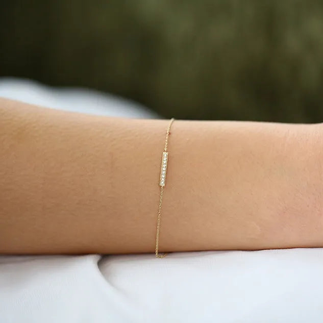 14K Solid Gold Round Diamond Bar Bracelet Micro Pave 0.09 Carat