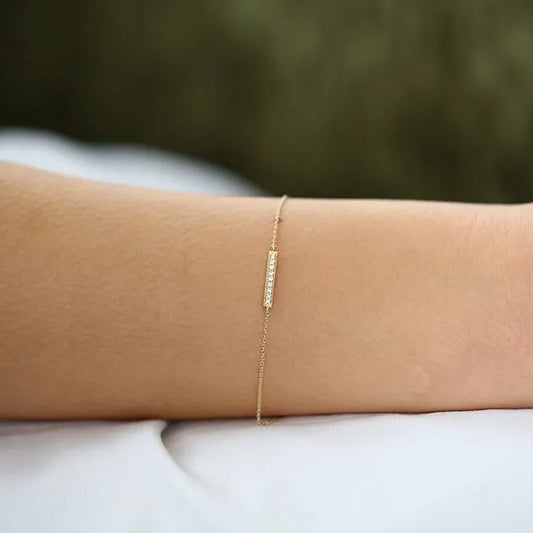 14K Solid Gold Round Diamond Bar Bracelet Micro Pave 0.09 Carat