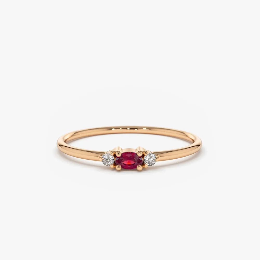 14k Gold Ruby and Diamond Oval and Round Cut Mini Three Stone Ring Prong Setting 0.14 ctw