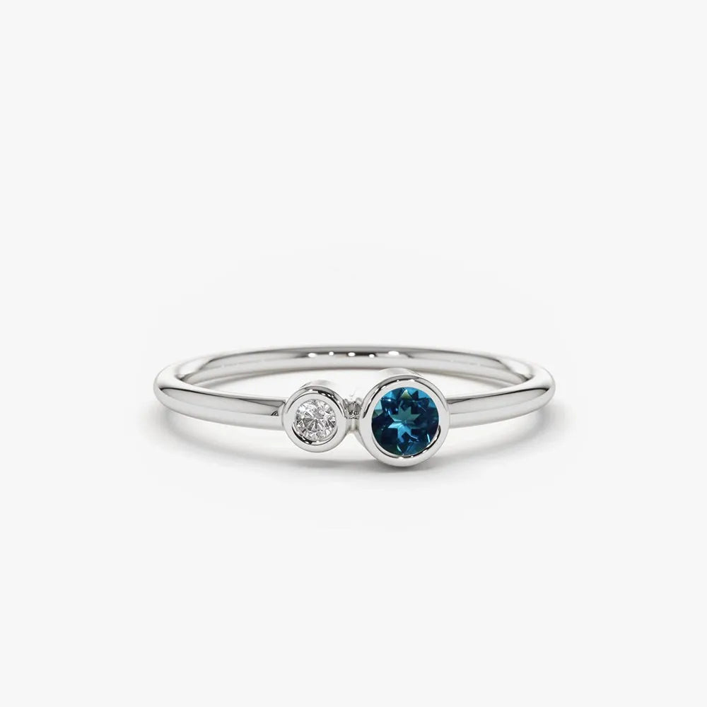 14K Gold Round London Blue Topaz and Diamond 0.18ctw Bezel Set Ring
