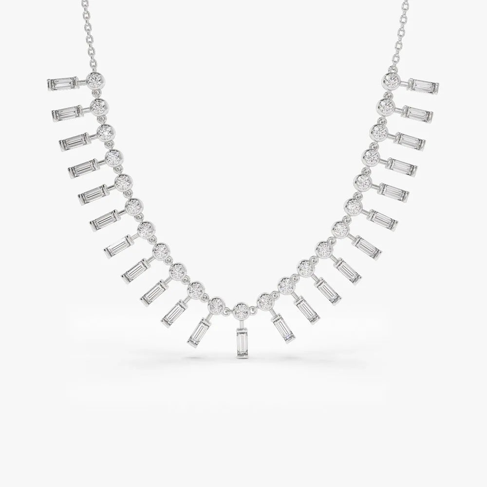 14K Solid Gold Baguette and Round Diamond Statement Necklace Bezel Set 1.75ctw
