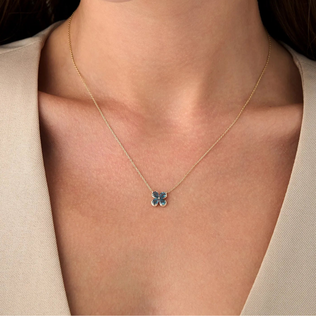 14k Solid Gold London Blue Topaz Pear Shaped Four Leaf Clover Necklace 0.80 Carat