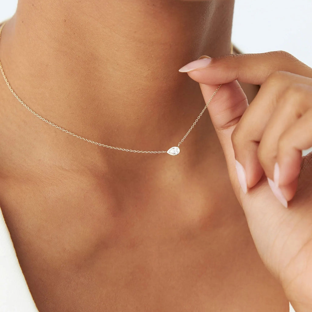 14K Solid Gold Pear Shape Diamond Horizontal Solitaire Necklace Bezel Set 0.23ctw