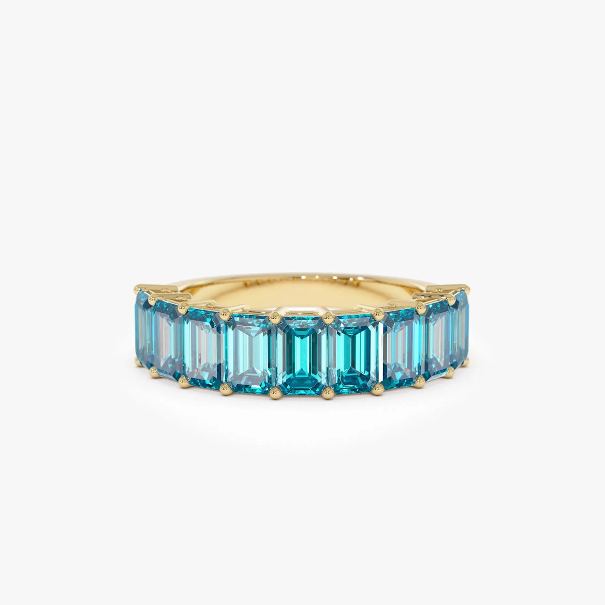 14K Solid Gold Emerald Cut Swiss Blue Topaz 3.00 Carat Nine Stone Ring