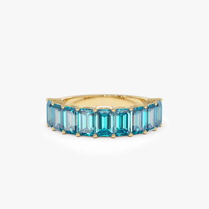 14K Solid Gold Emerald Cut Swiss Blue Topaz 3.00 Carat Nine Stone Ring