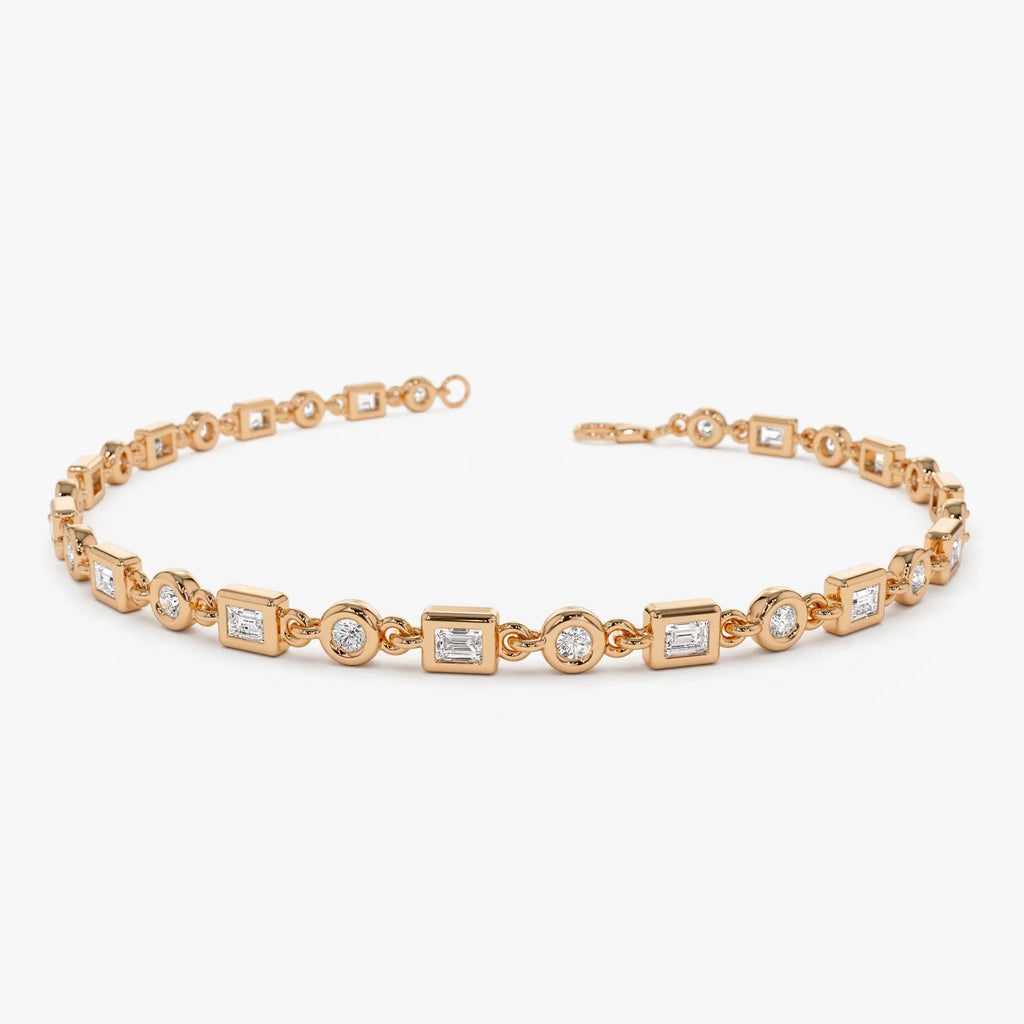 14K Solid Gold 0.85 CTW Round and Baguette Diamond Bracelet