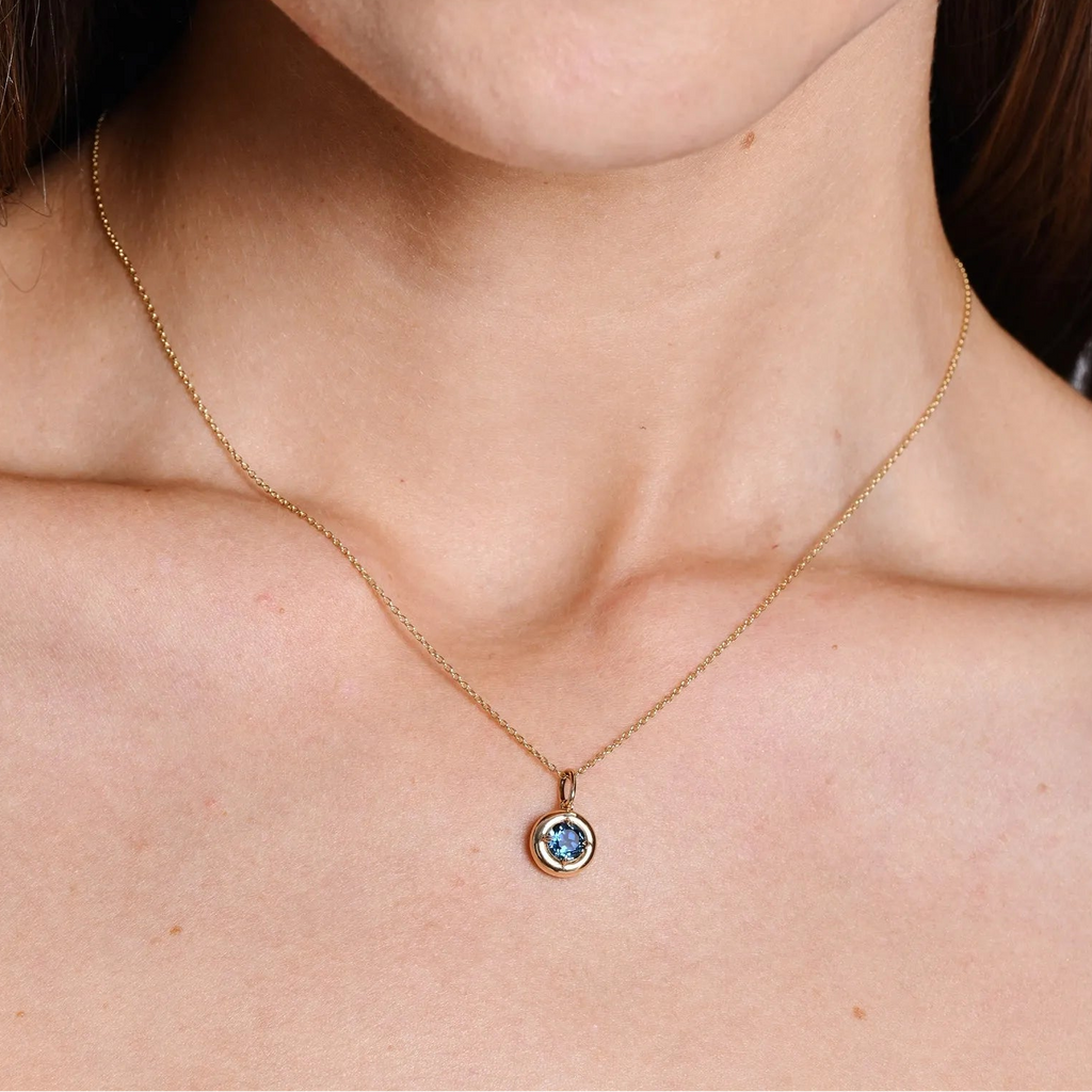 14k Solid Gold Round London Blue Topaz Charm Necklace 0.50 Carat Prong Setting