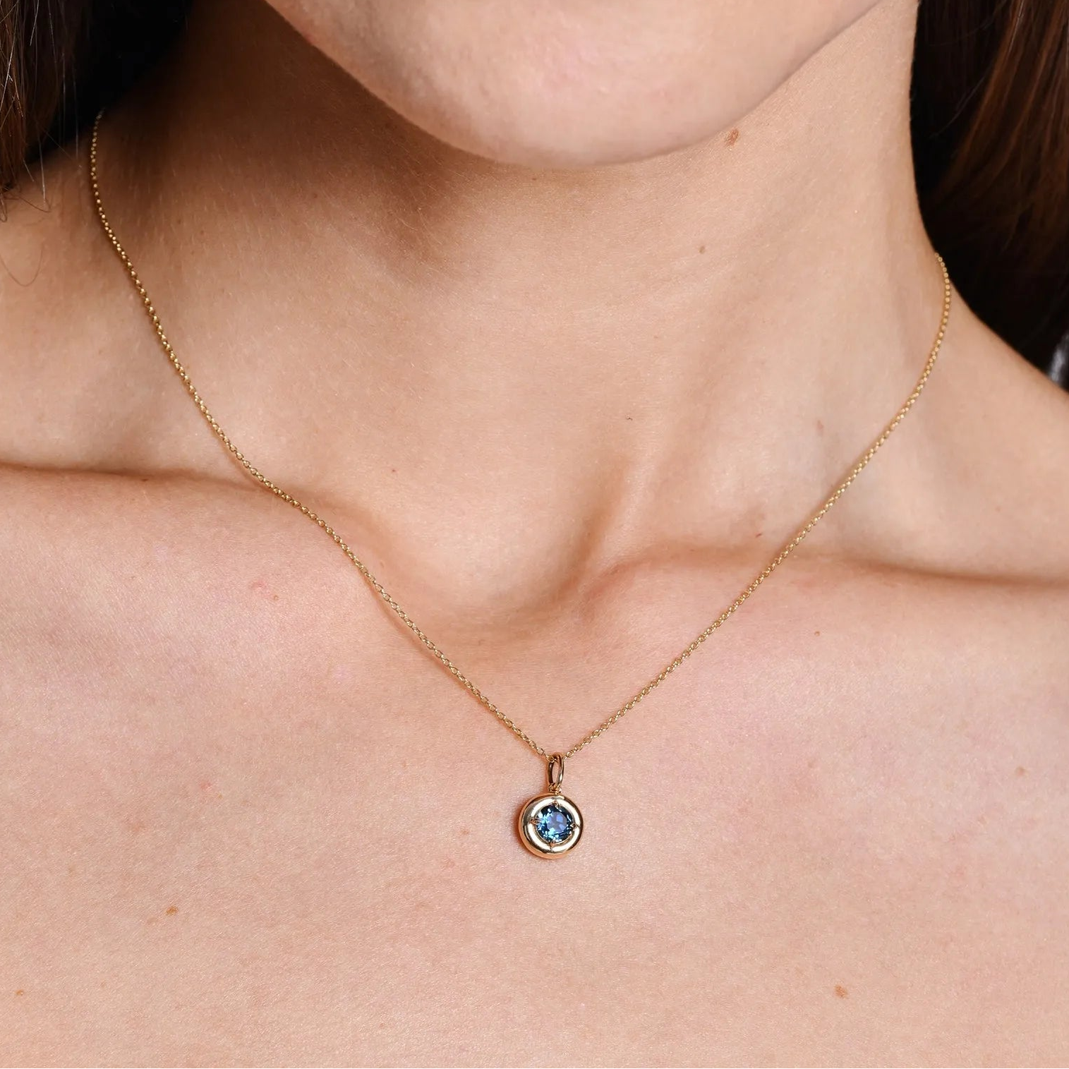 14k Solid Gold Round London Blue Topaz Charm Necklace 0.50 Carat Prong Setting