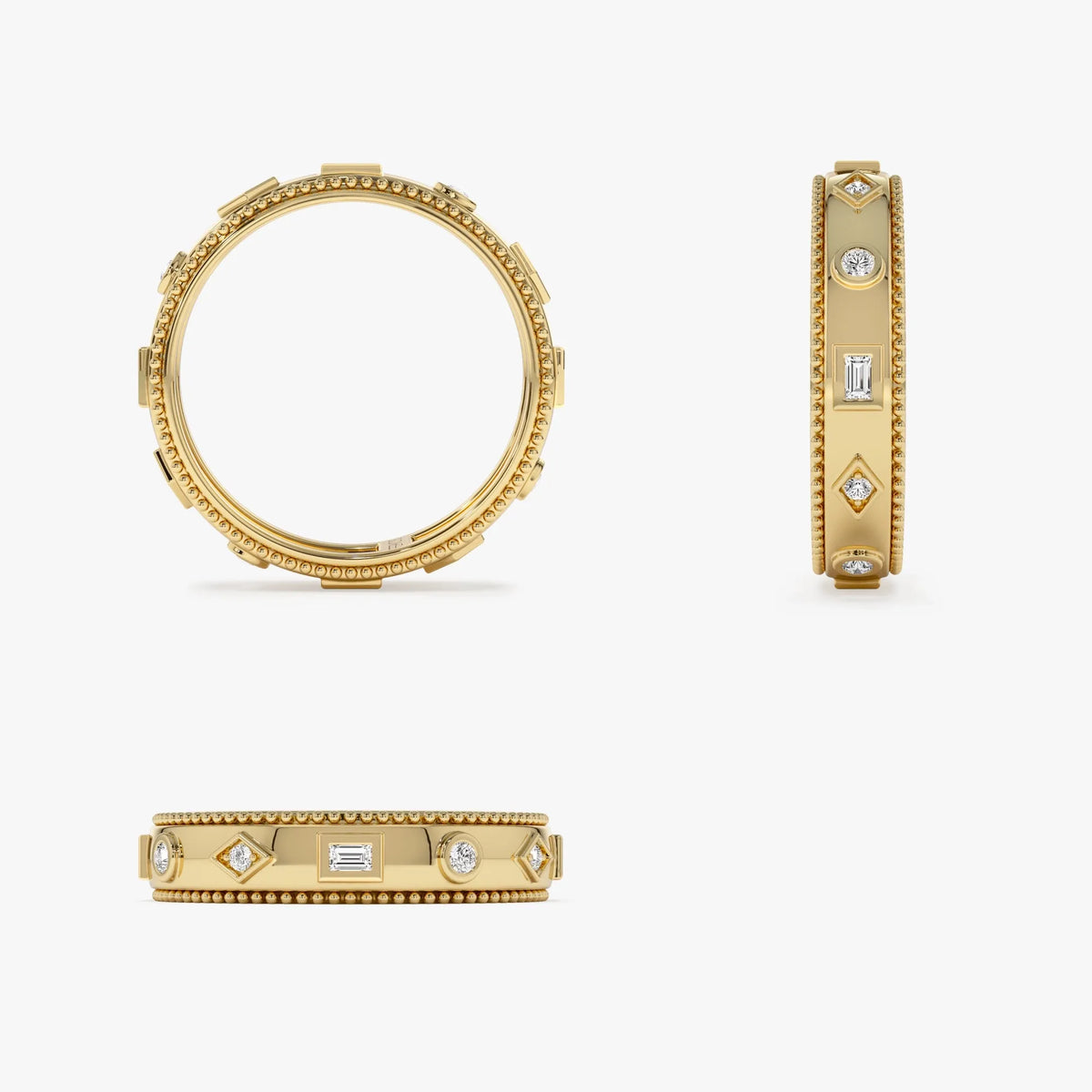 14K Solid Gold Round and Baguette Diamond 0.16 Carat Mixed Shape Band