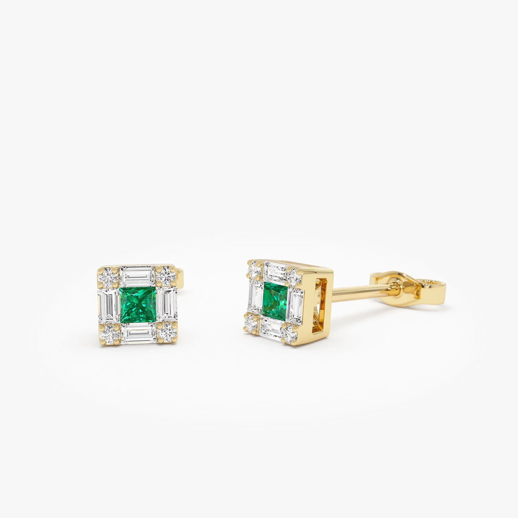 14k Solid Gold Princess Cut Emerald and Diamond Halo Stud Earrings 0.35 ctw