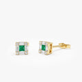 14k Solid Gold Princess Cut Emerald and Diamond Halo Stud Earrings 0.35 ctw