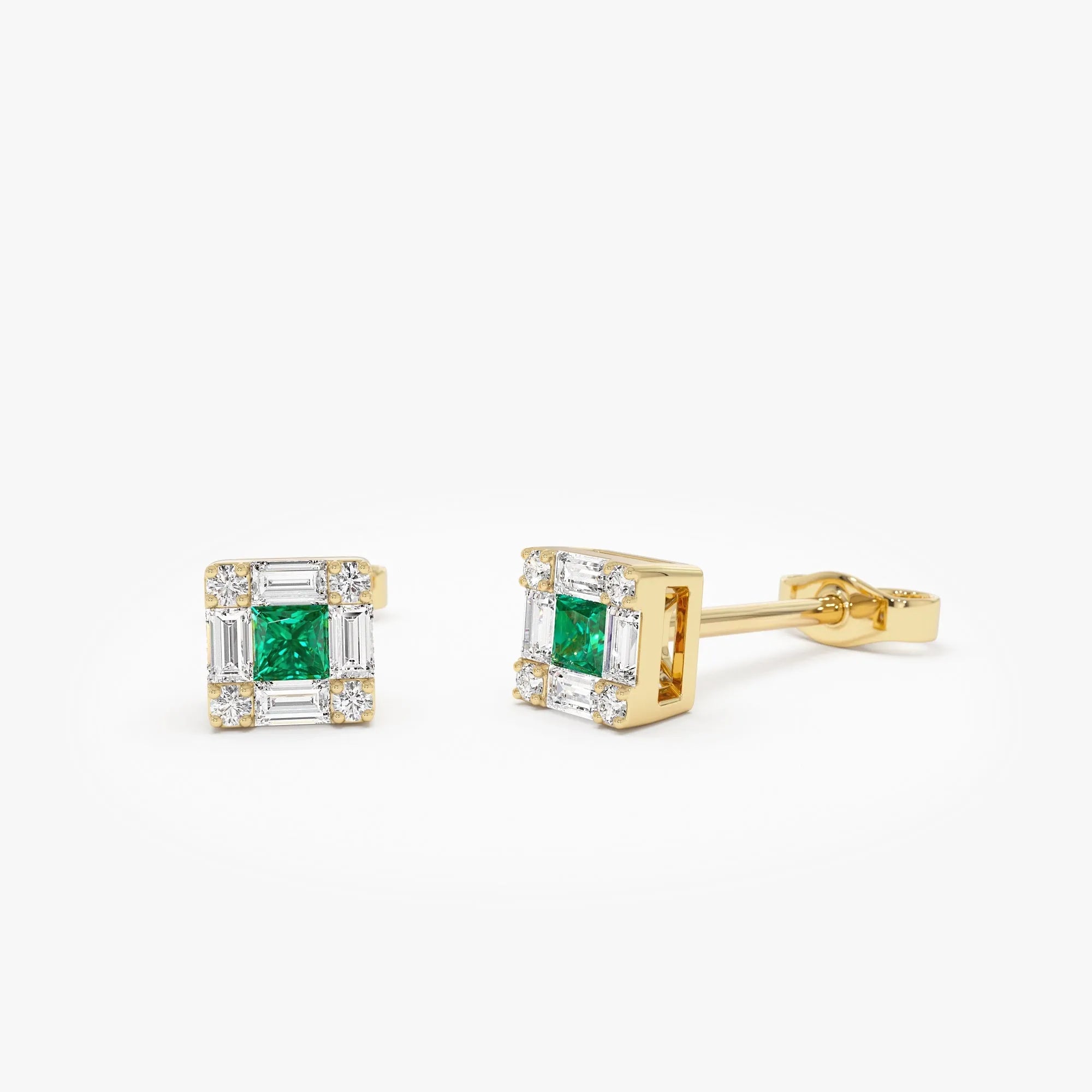 14k Solid Gold Princess Cut Emerald and Diamond Halo Stud Earrings 0.35 ctw