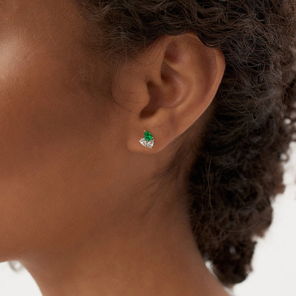 14k Gold Lab Grown Emerald and Diamond Pear Cut Stud Earrings 1.79 ctw