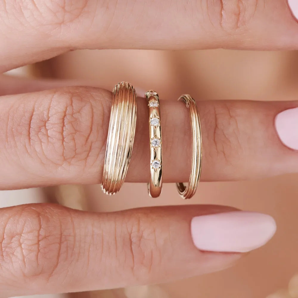 14K Solid Gold 2mm Multi Lined Minimalist Wedding Band Ring