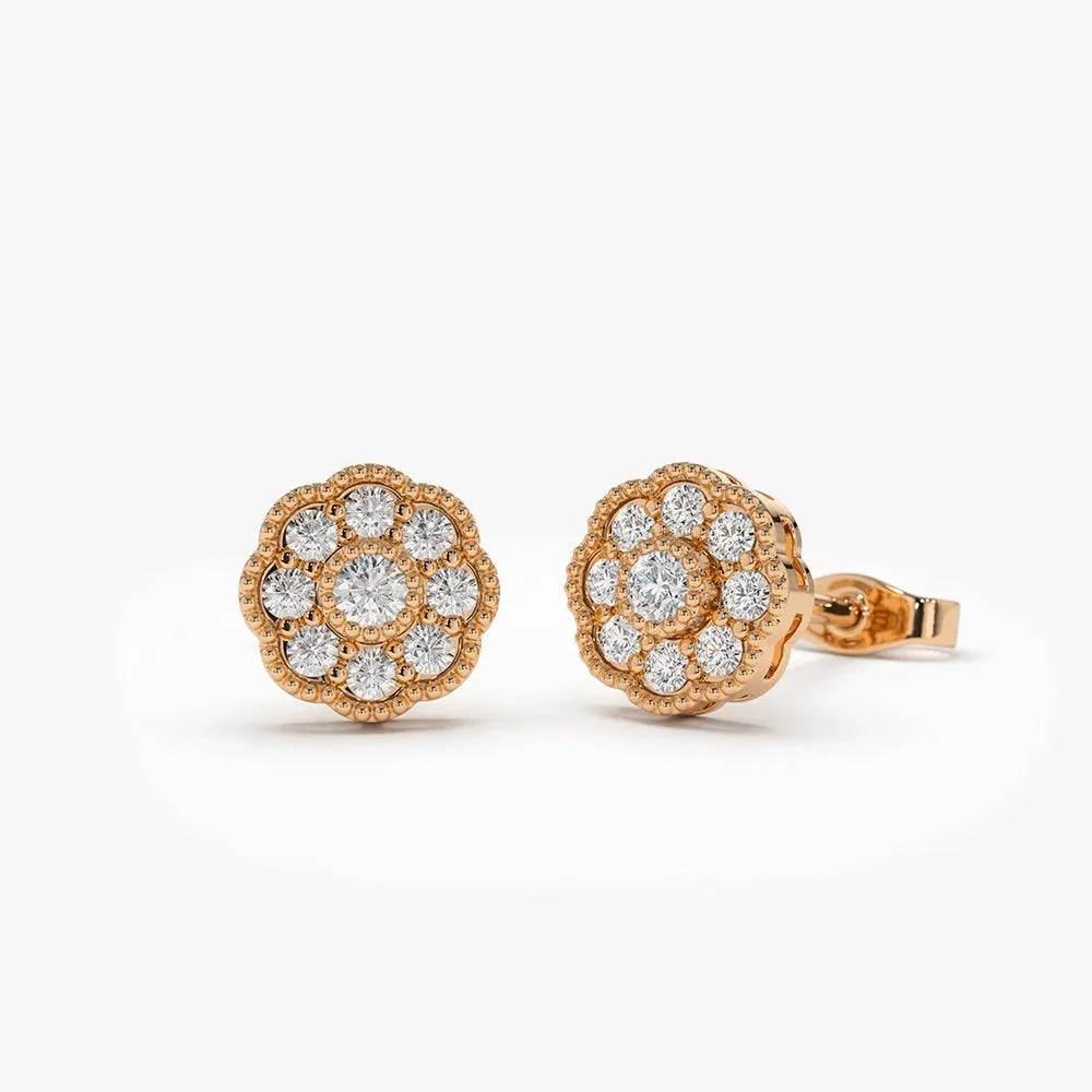 14k Gold Diamond Round Cut Floral Star Stud Earrings 0.30 ctw