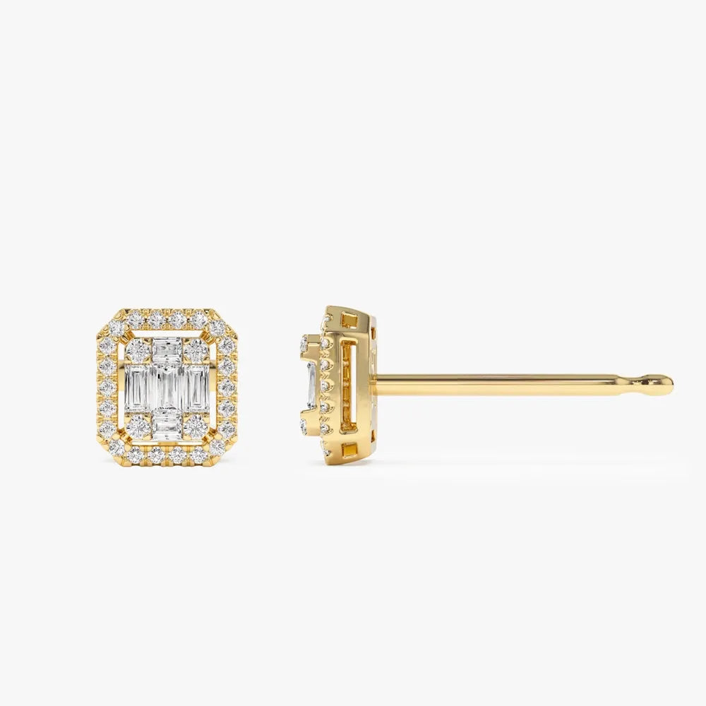 14k Gold Diamond Baguette and Round Cut Halo Setting Stud Earrings 0.38 ctw