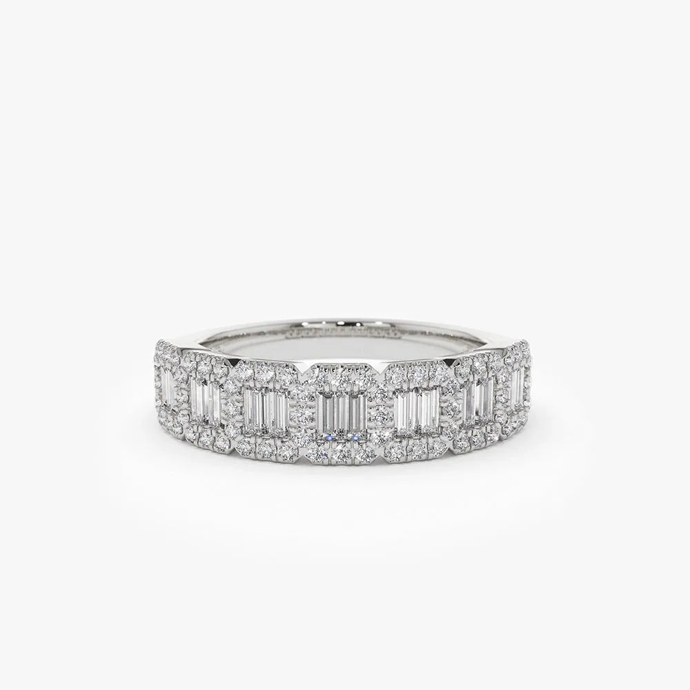 14K Gold Baguette and Round Diamond 0.70 ctw Channel Micro Pave Ring