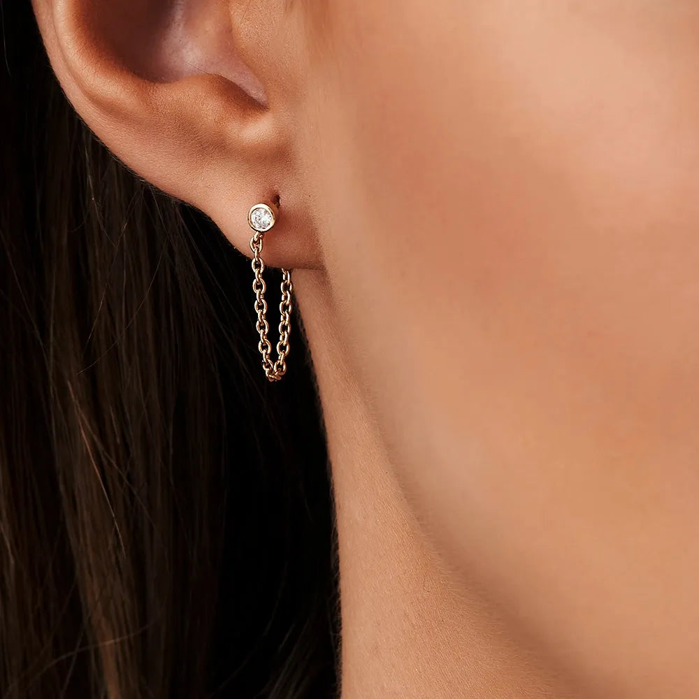 14k Gold Diamond Round Cut Bezel Setting Stud Chain Earrings 0.12 ctw
