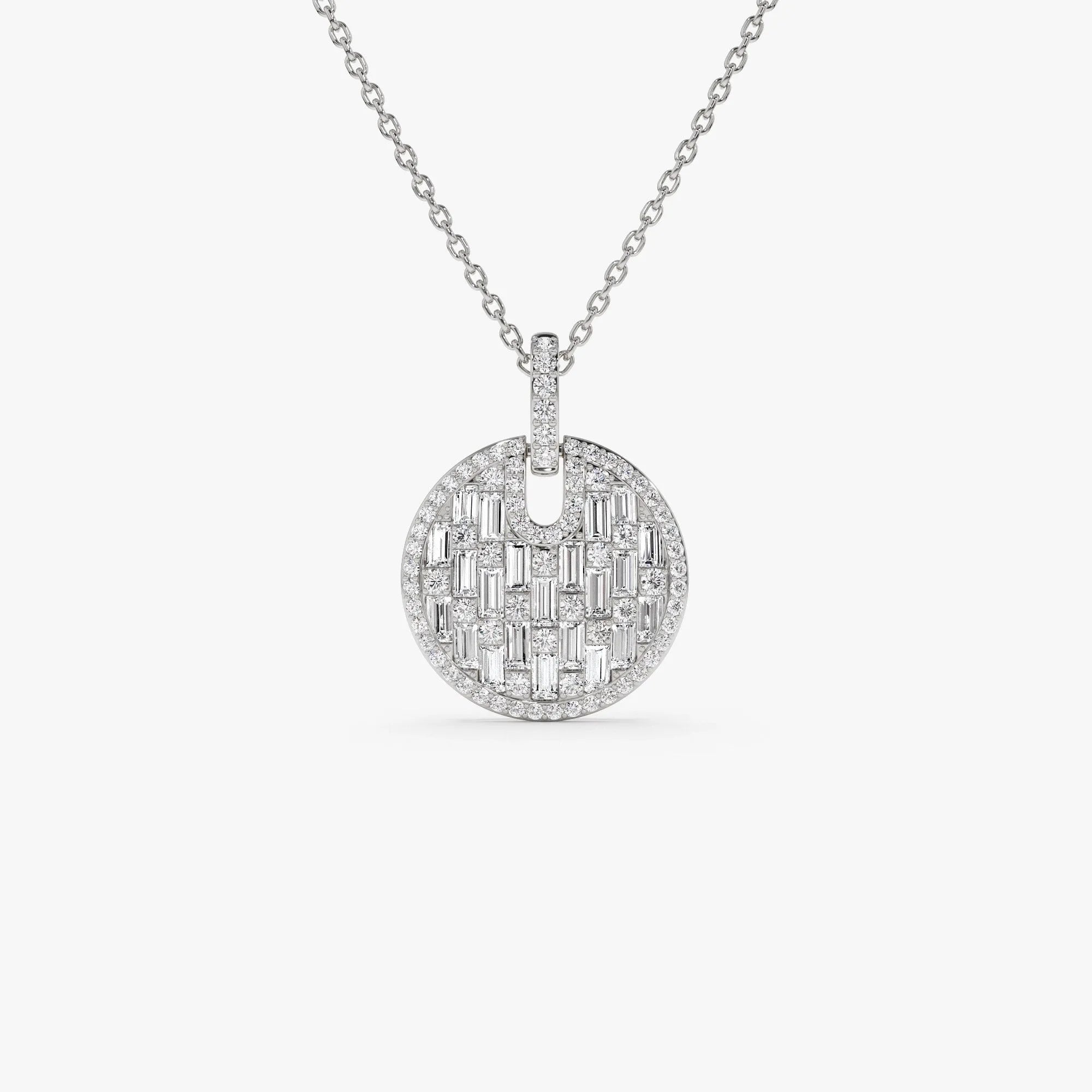 14K Solid Gold 0.80 CTW Baguette and Round Diamond Disc Necklace Prong Setting