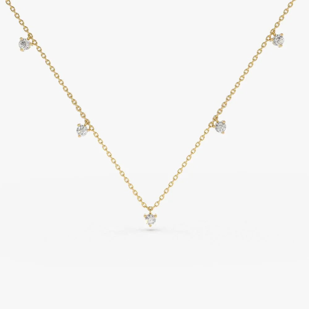 14K Solid Gold Round Diamond 5 Stone Dangling Necklace Prong Setting 0.35ctw
