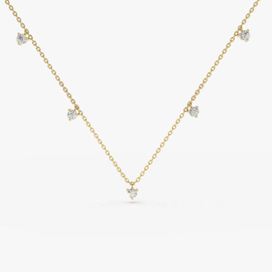14K Solid Gold Round Diamond 5 Stone Dangling Necklace Prong Setting 0.35ctw