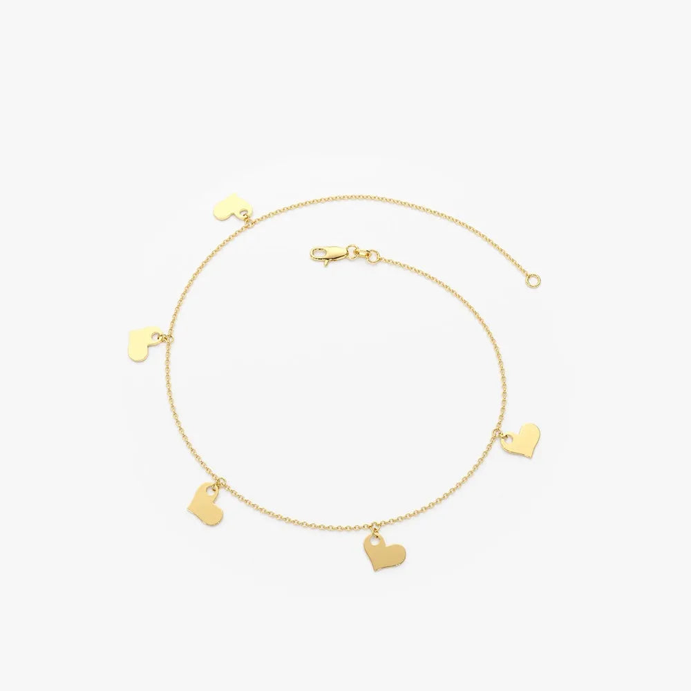 14k Solid Gold Five Dangle Heart Bracelet with Charms