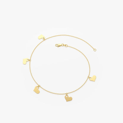 14k Solid Gold Five Dangle Heart Bracelet with Charms