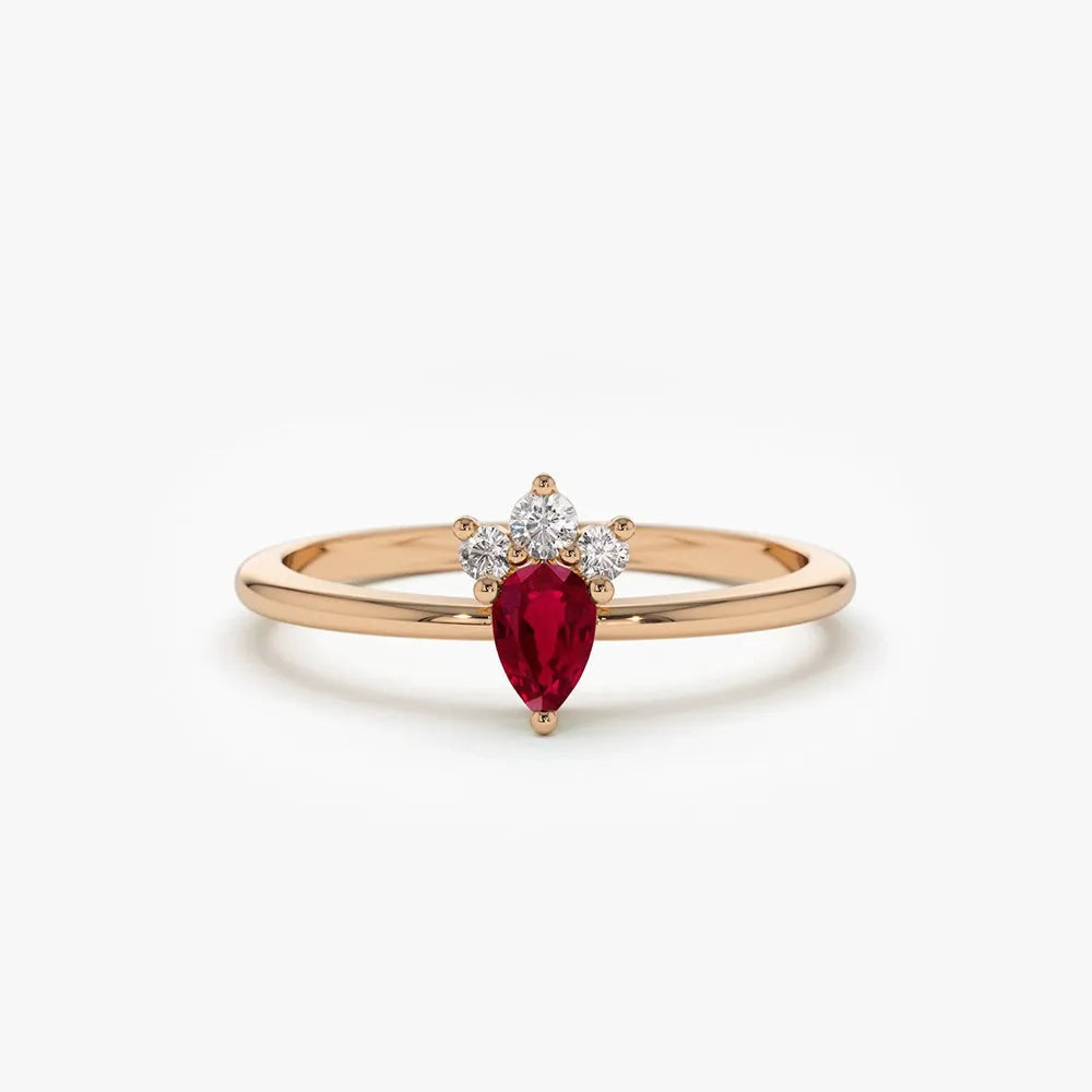 14k Gold Ruby and Diamond Pear and Round Cut Mini Ring 0.31 ctw