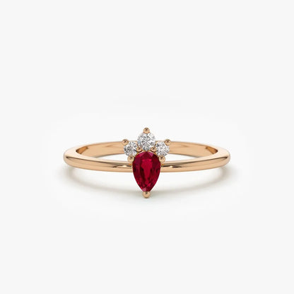 14k Gold Ruby and Diamond Pear and Round Cut Mini Ring 0.31 ctw
