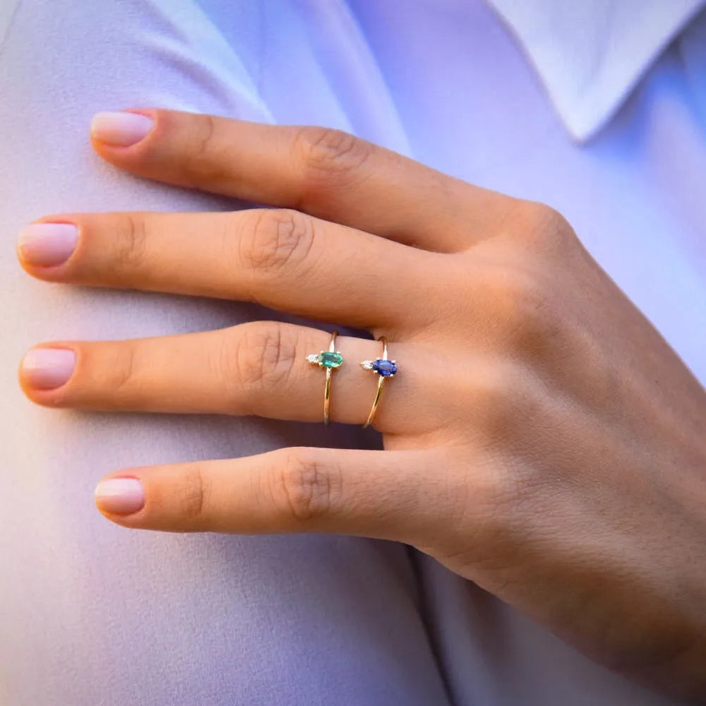 14K Gold Oval Emerald and Round Diamond Ring 0.19 CTW Prong Setting Handcrafted Jewelry