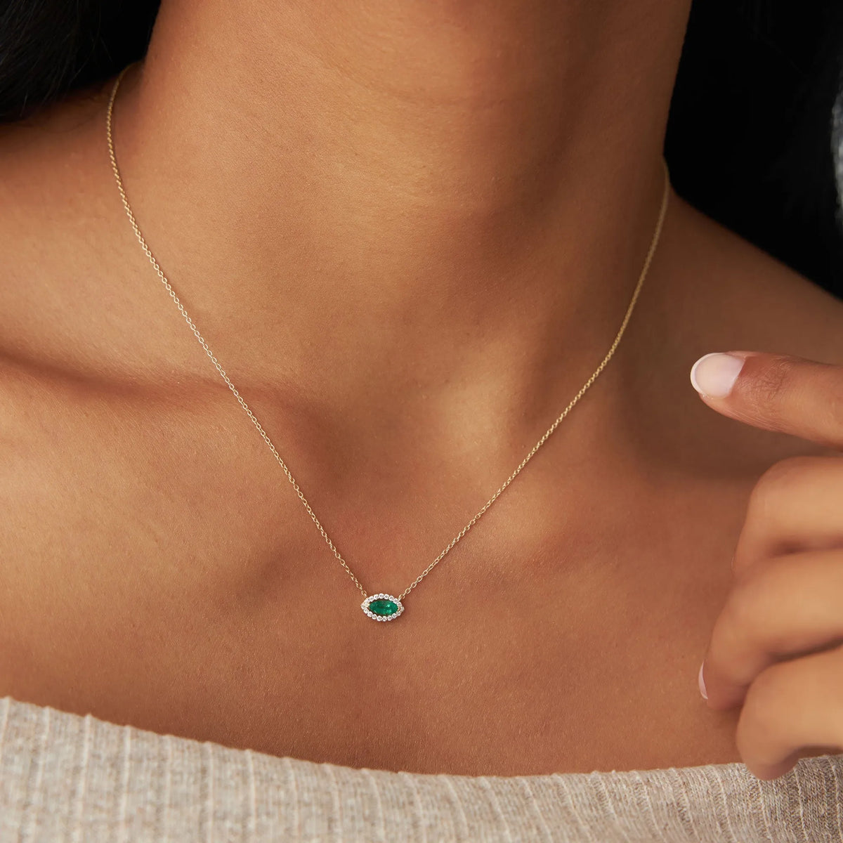 14k Solid Gold Marquise Emerald and Round Diamond 0.30 CTW Halo Pendant Necklace Prong Setting