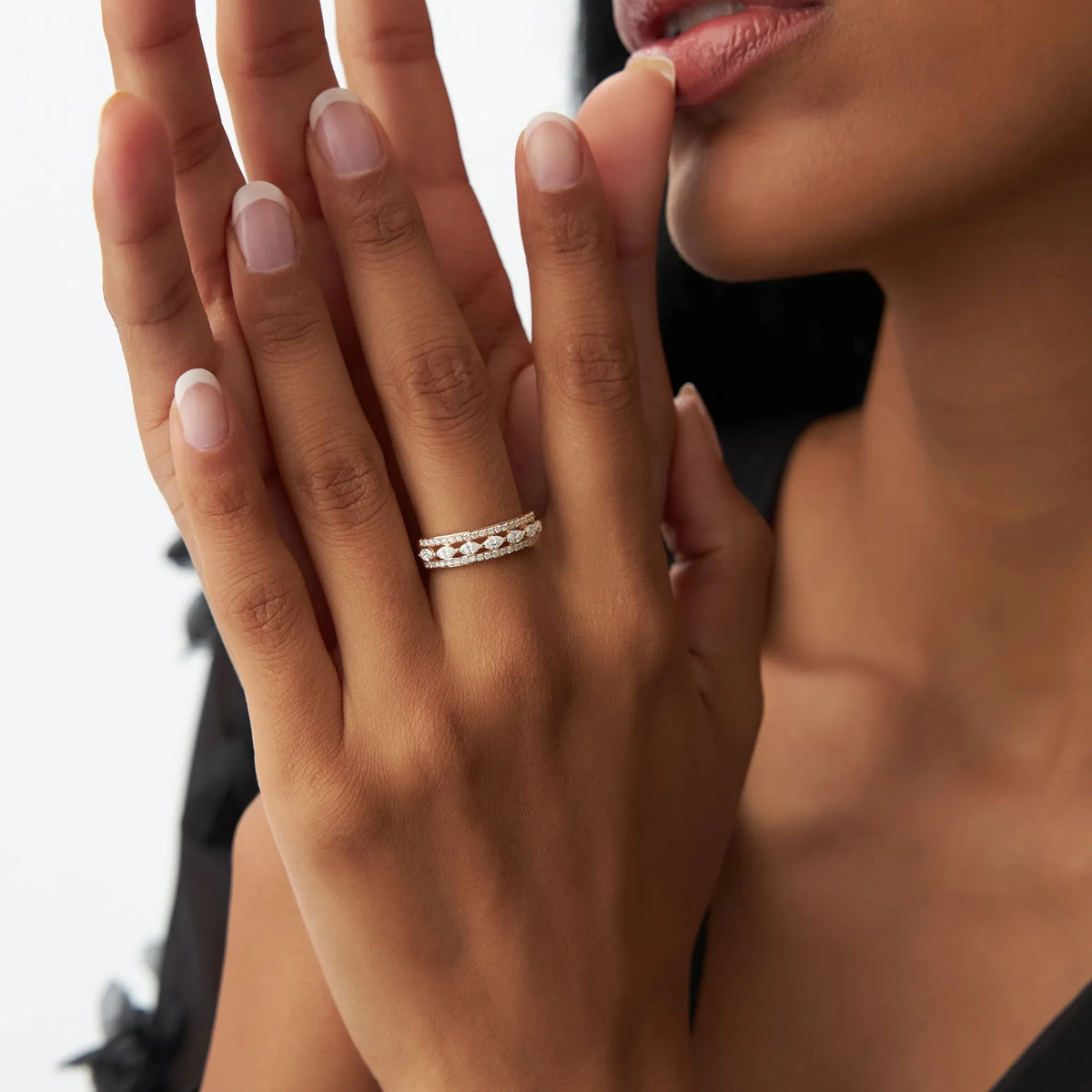 14k Solid Gold Marquise and Round Diamond 0.61 Carat Multi Band Ring