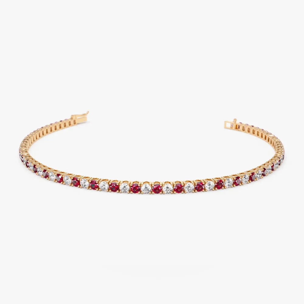 14k Gold Round Diamond and Ruby 4 Prong Tennis Bracelet