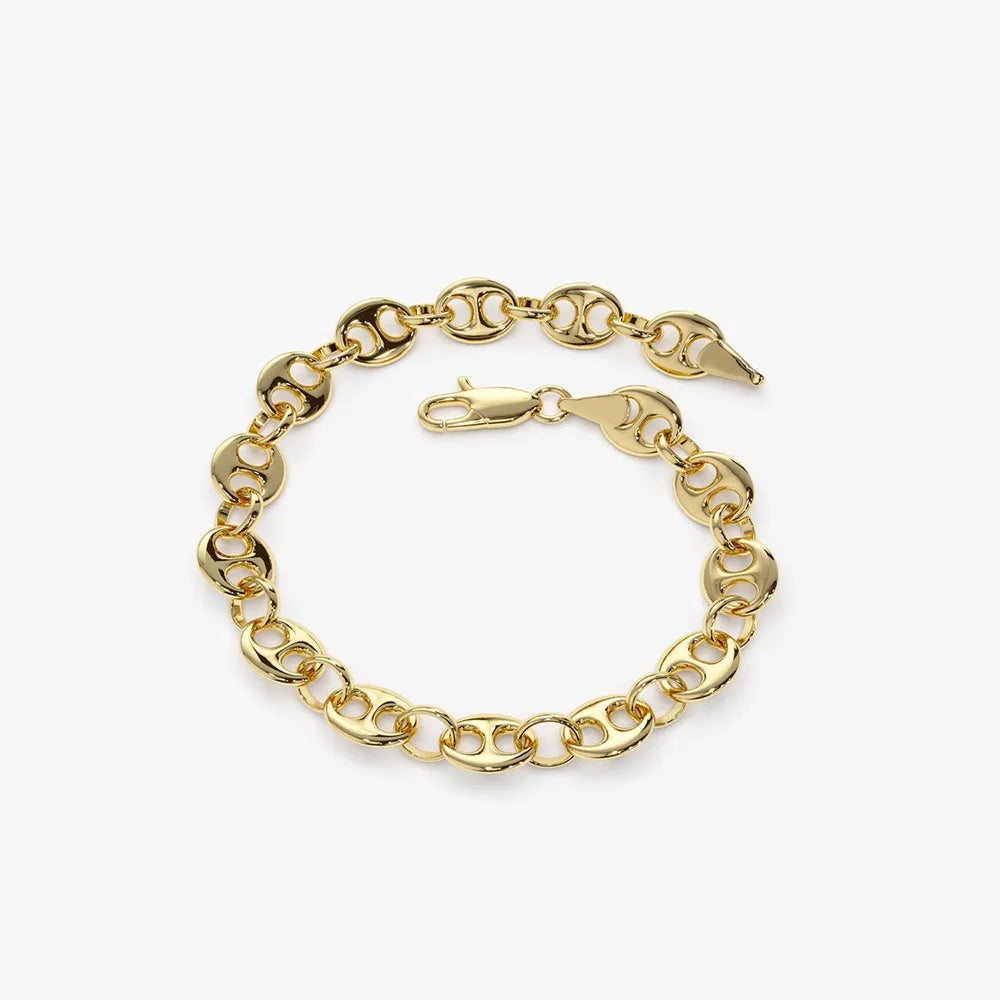 14k Gold Thick Puffed Mariner Link Bracelet with Lobster Claw Clasp