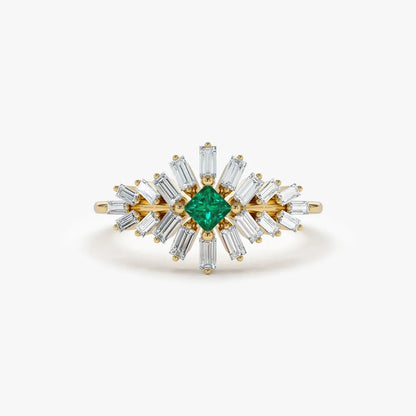 14K Gold Square Emerald and Baguette Diamond Ring 0.56 CTW Handcrafted Jewelry