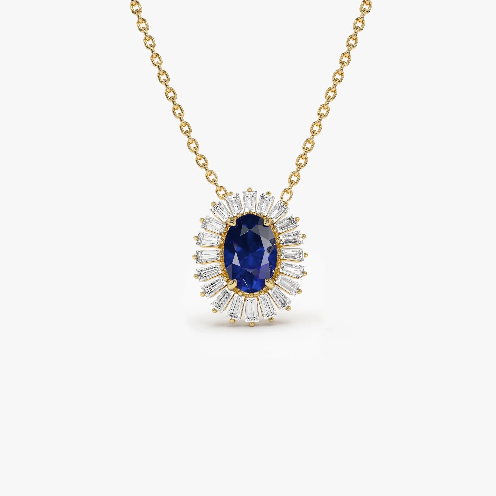 14k Solid Gold Sapphire and Diamond Oval Baguette Halo Necklace 0.70 Carat Prong Setting
