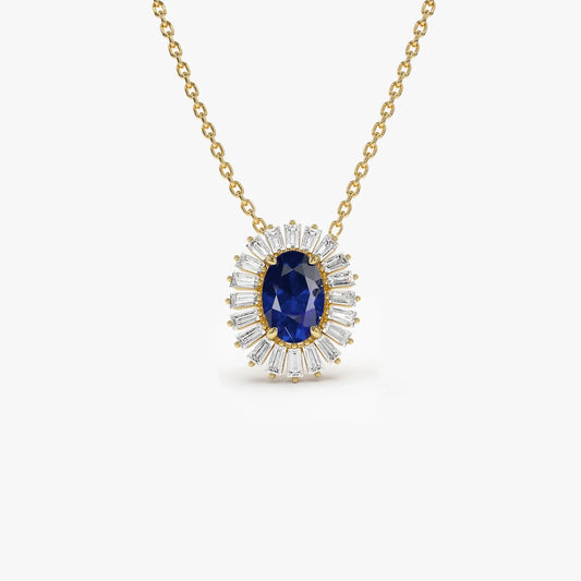 14k Solid Gold Sapphire and Diamond Oval Baguette Halo Necklace 0.70 Carat Prong Setting