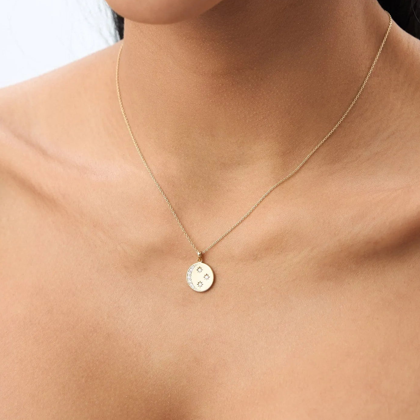 14K Solid Gold Round Diamond Moon and Crescent Pendant Necklace Prong Setting 0.23ctw