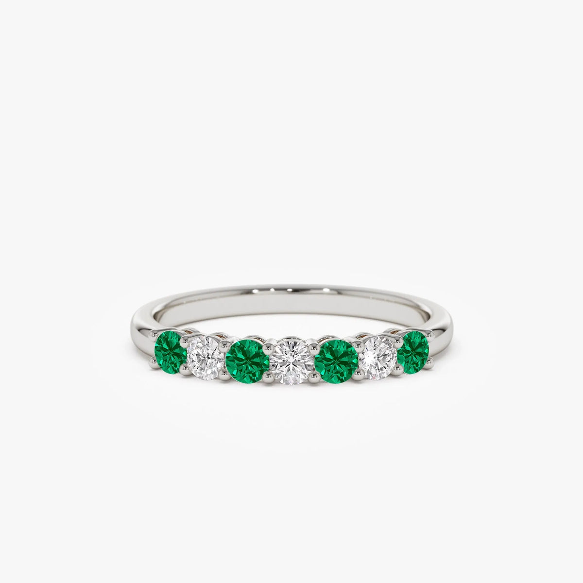14K Solid Gold Round Emerald and Diamond 7 Stone Basket Setting Wedding Ring 0.40 CTW