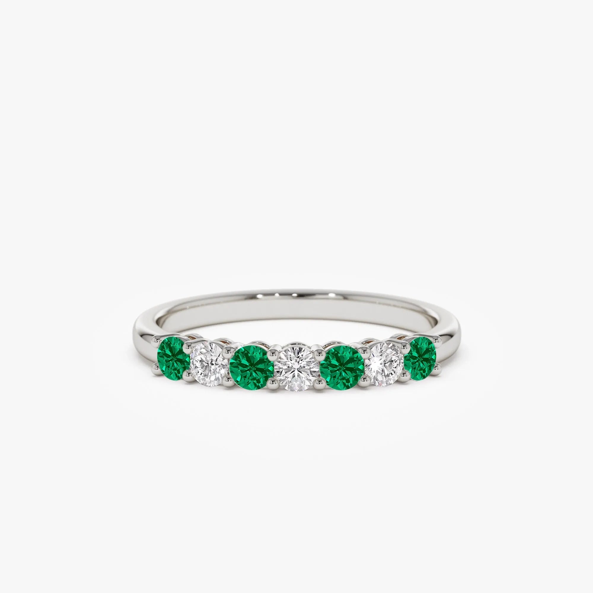 14K Solid Gold Round Emerald and Diamond 7 Stone Basket Setting Wedding Ring 0.40 CTW