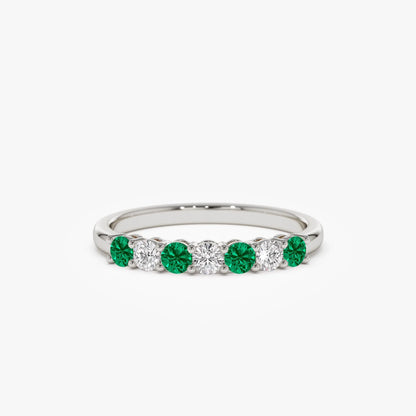 14K Solid Gold Round Emerald and Diamond 7 Stone Basket Setting Wedding Ring 0.40 CTW