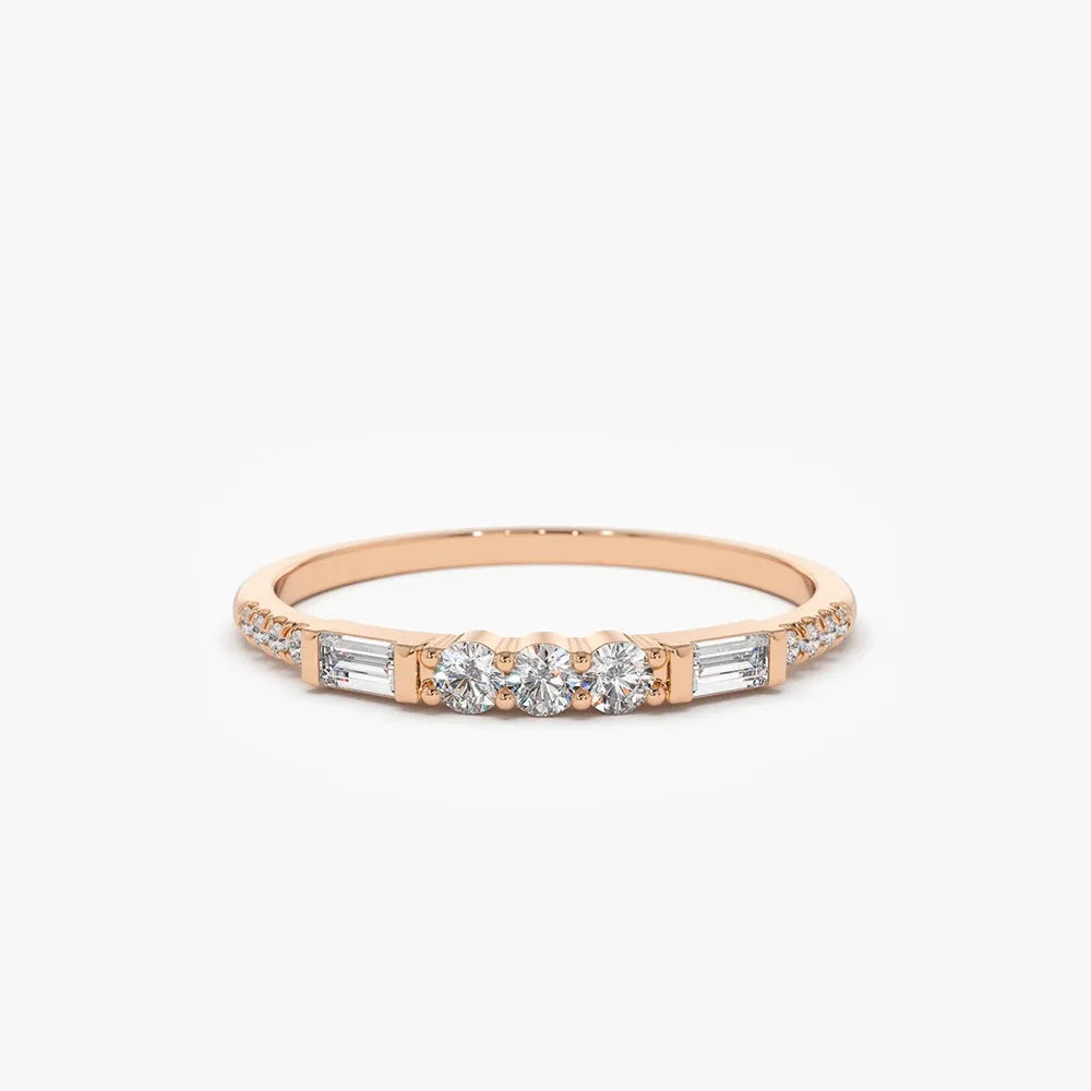 14K Solid Gold 0.23 CTW Round and Baguette Diamond Equilibrium Channel Micro Pave Ring