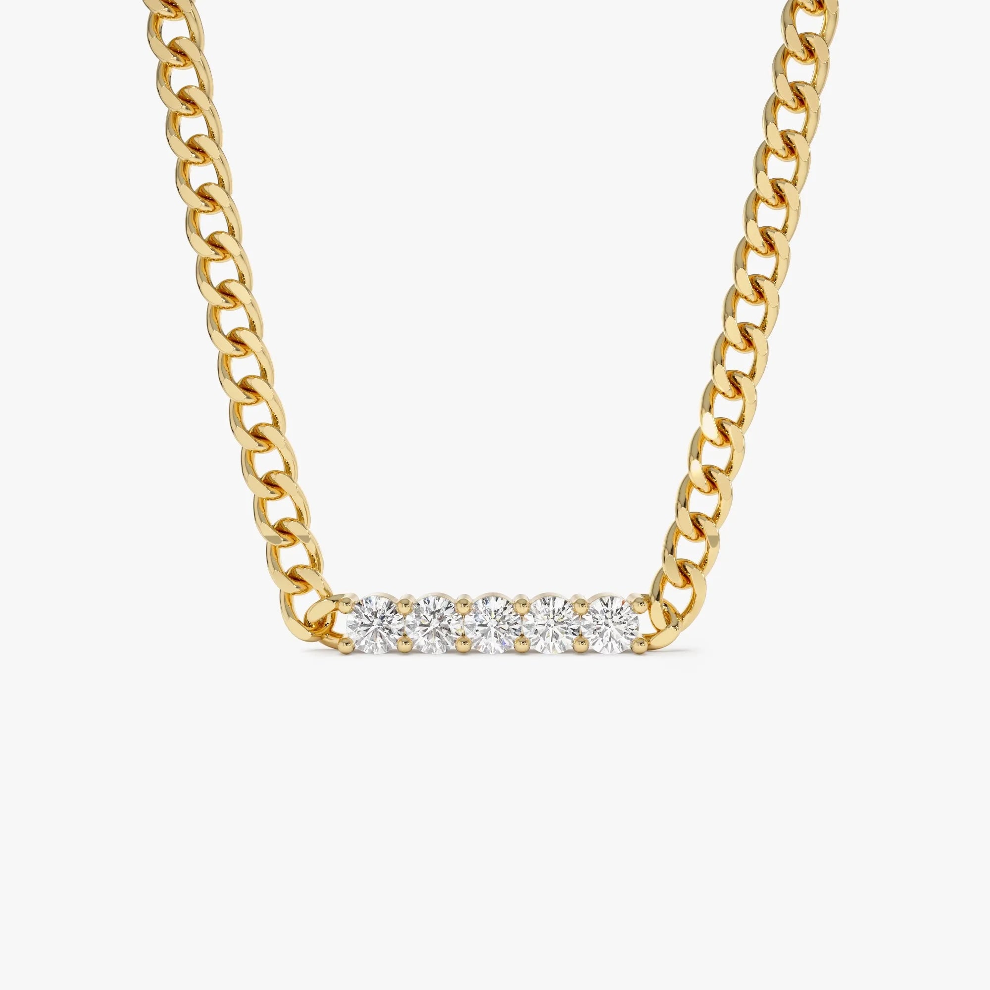 14K Solid Gold Round Diamond 5 Stone Bar Cuban Link Necklace 0.50ctw