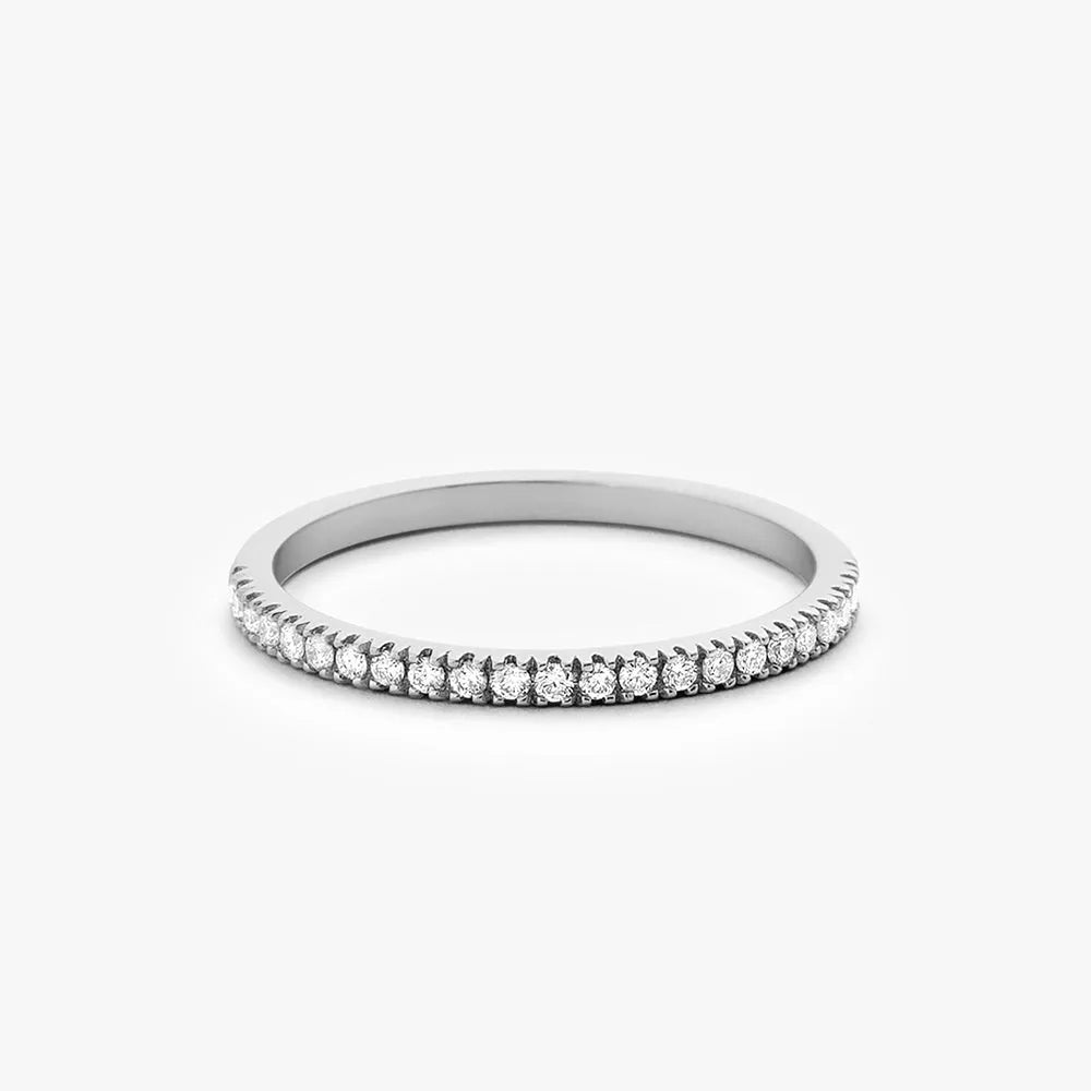 14K Gold Round Diamond Half Eternity Micro Pave Stackable Wedding Ring