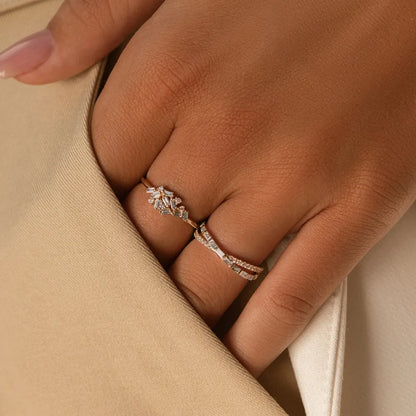14k Gold 0.49 Carat Round and Baguette Diamond Crossover Ring