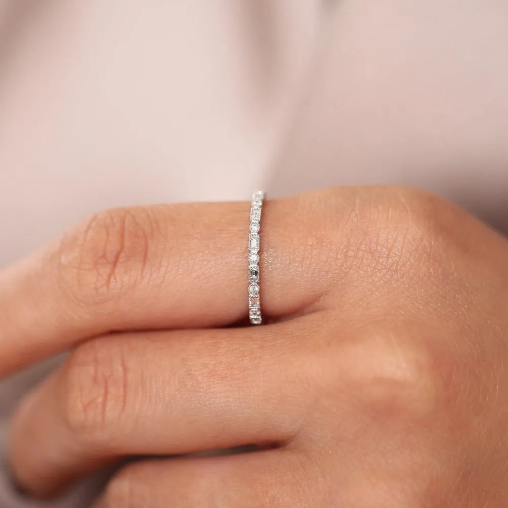 14K Gold 0.50 Carat Baguette and Round Diamond Milgrain Bezel Full Eternity Ring