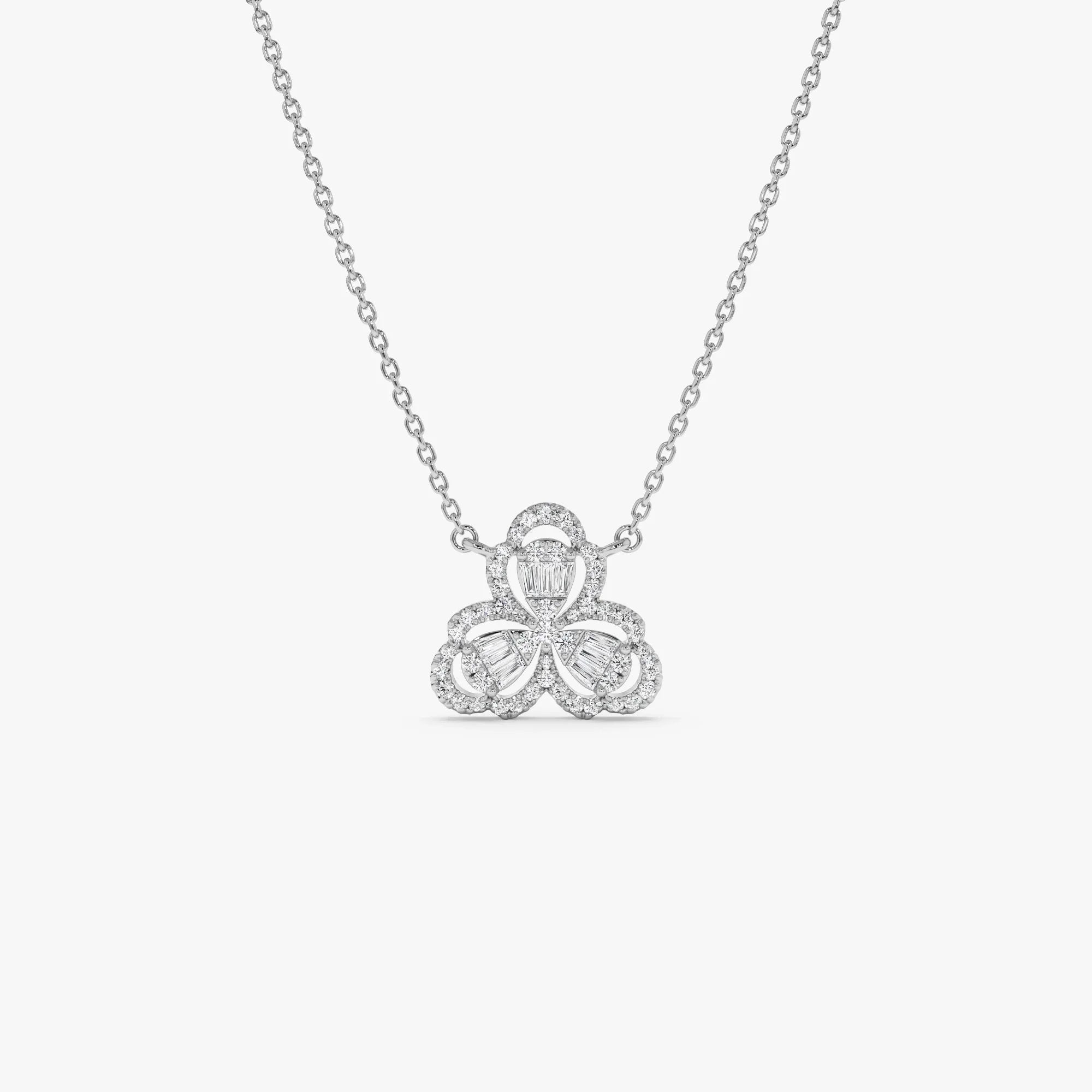 14K Solid Gold 0.25 CTW Round and Baguette Diamond Clover Necklace Prong Setting