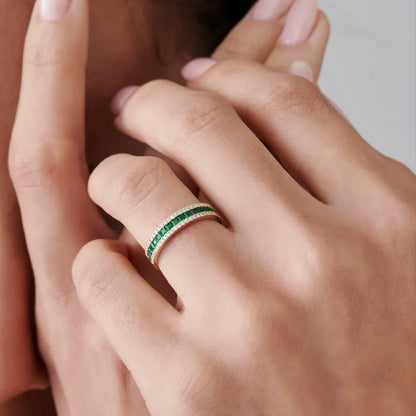 14K Gold Square Emerald and Round Diamond Half Eternity Band Ring 1.01 CTW