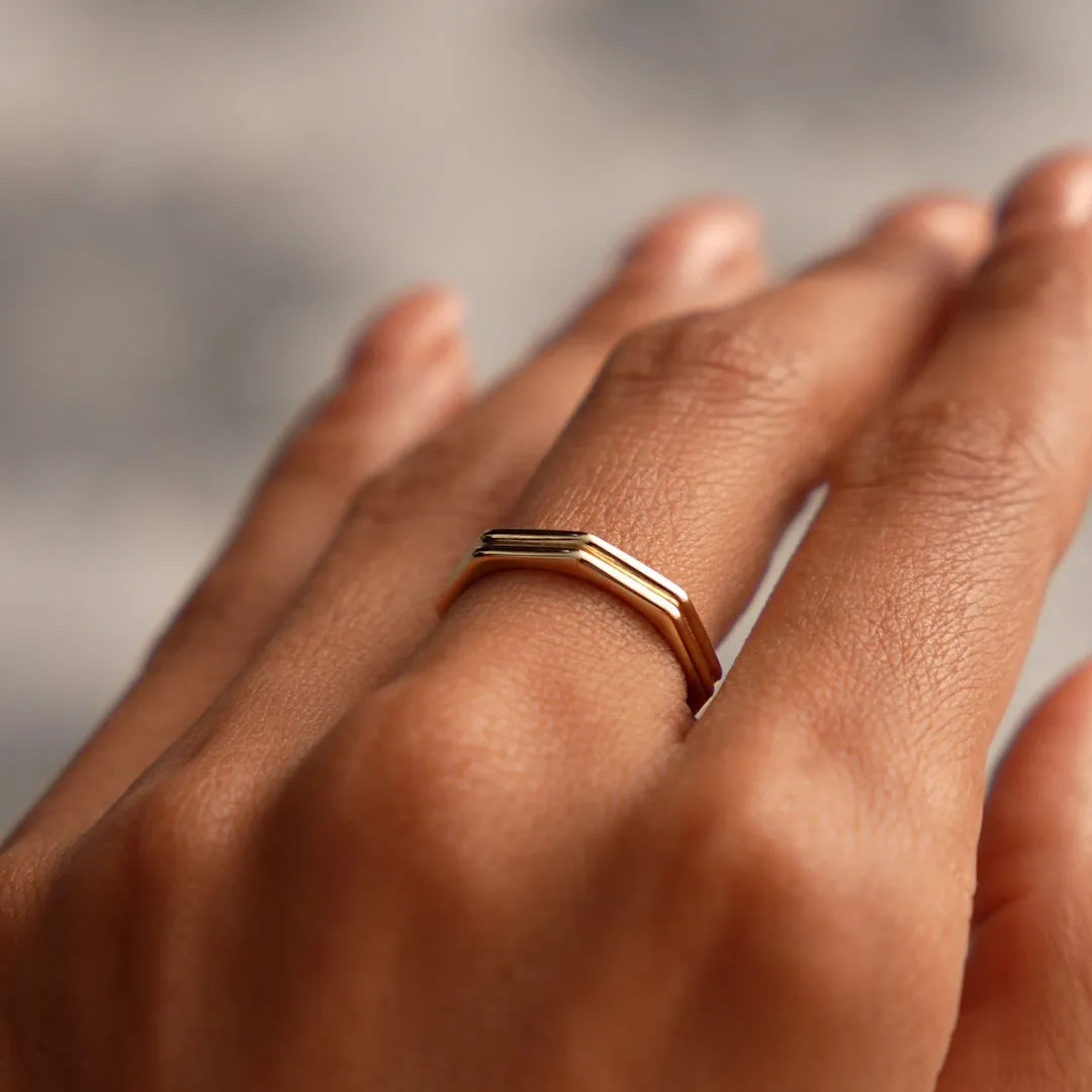 14k Gold Octagon Double Band Ring Wide Geometric Style