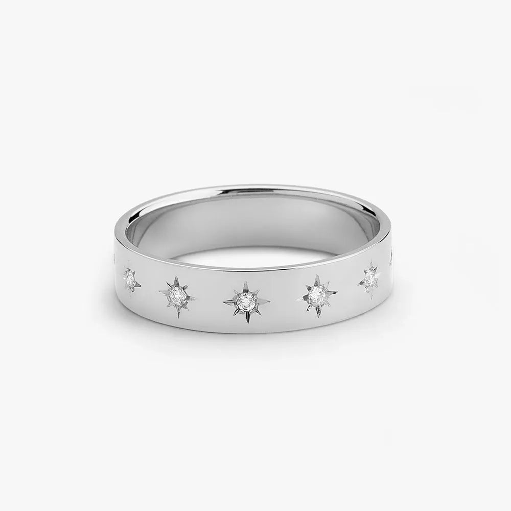 14K Gold 0.11ctw Round Diamond 4.5mm Starburst Engraved Star Setting Thick Band Ring